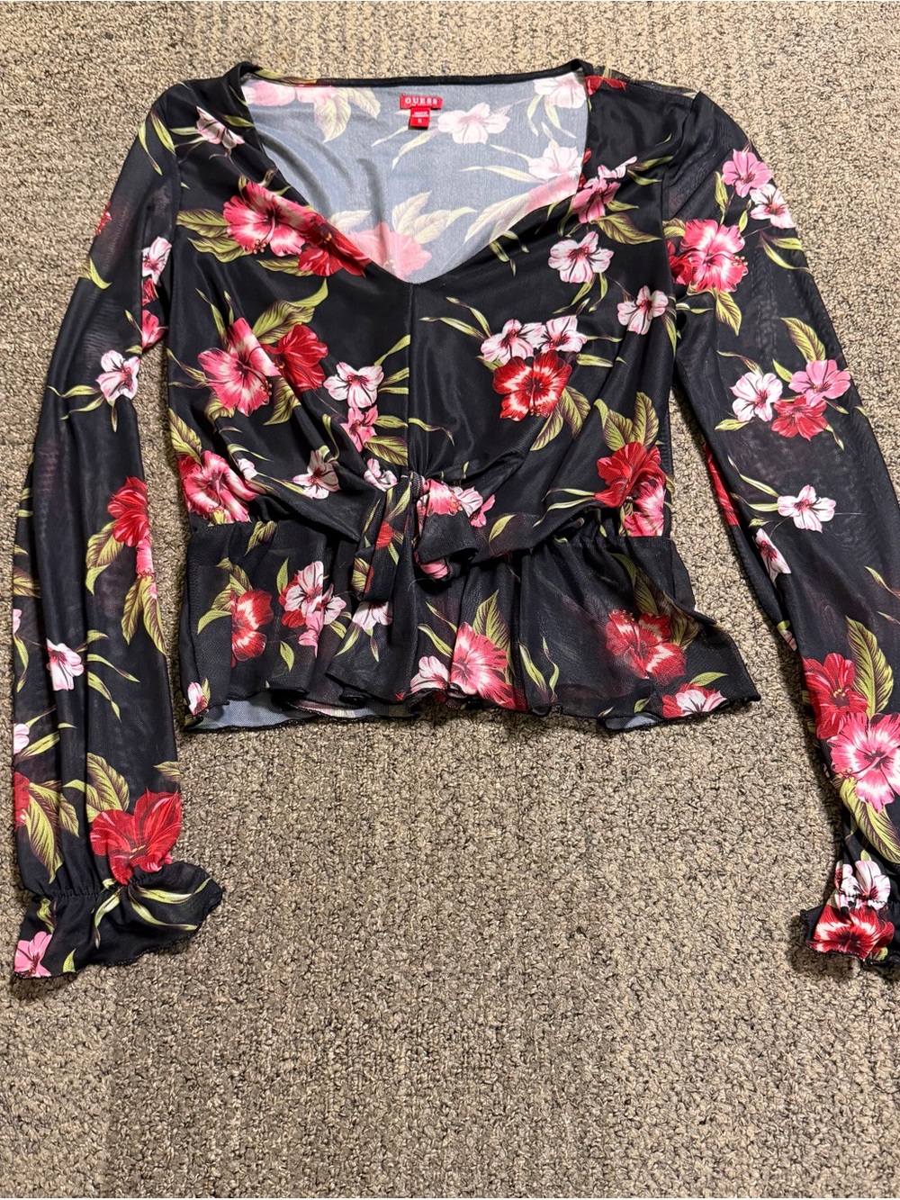 Guess Black Floral Tie-Front Long Sleeve Blouse